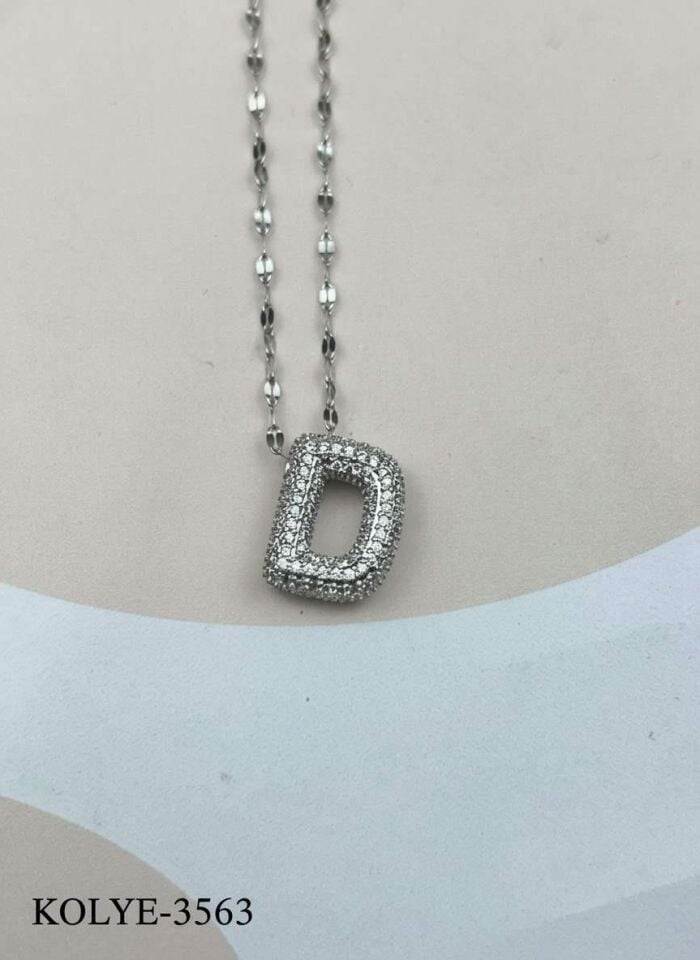 Çelik Silver Taşlı Balon Harf Kolye 45cm (D) // KOLYE-3563