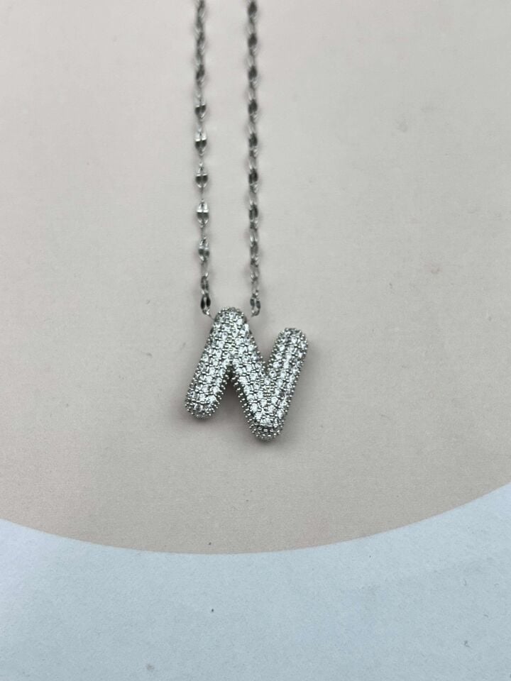 Steel Silver Stone Balloon Letter Necklace 45cm (N) // NECKLACE-3566