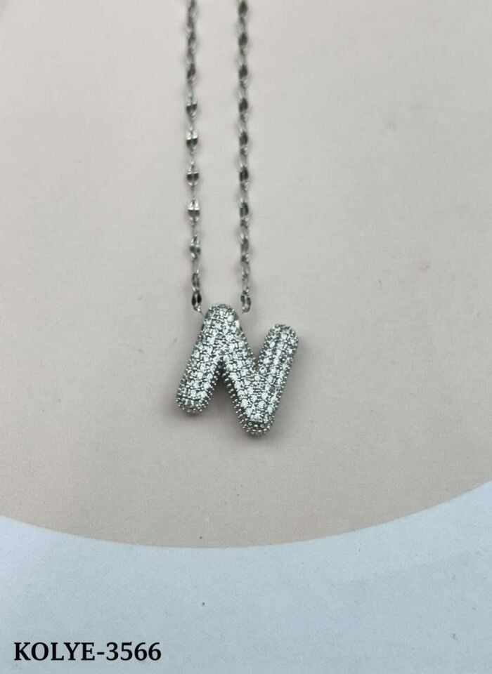 Çelik Silver Taşlı Balon Harf Kolye 45cm (N) // KOLYE-3566