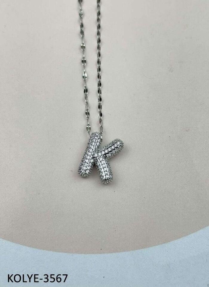 Çelik Silver Taşlı Balon Harf Kolye 45cm (K) // KOLYE-3567