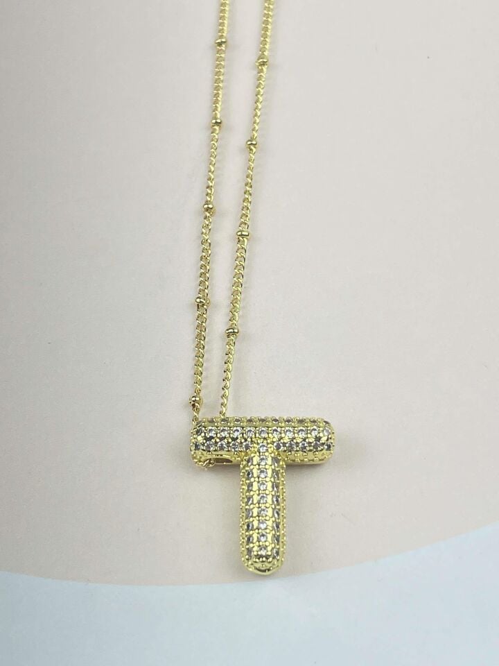 Steel Stone Balloon Letter Necklace 45cm (T) // NECKLACE-2699