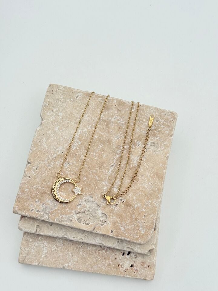 Halbmond-Stern-Halskette aus Stahl, 45 cm // NECKLACE-5693