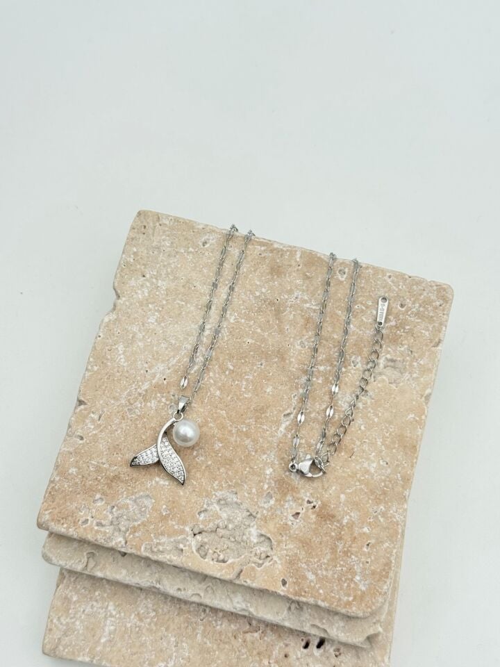 Steel Pearl Motif Necklace 45cm // NECKLACE-5701