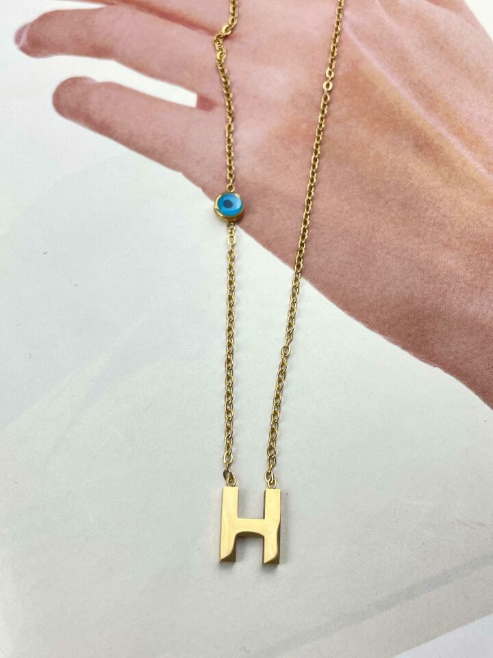 Çelik Nazar Boncuklu Harf Kolye (H) 45cm
